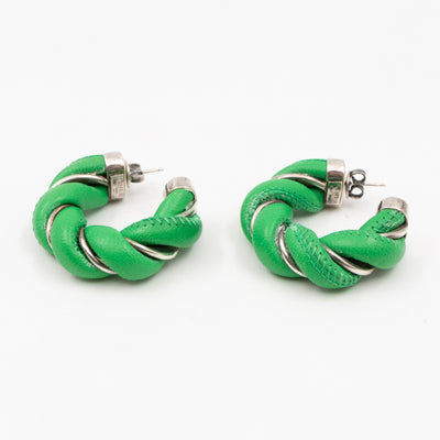 Twist Earrings Green Leather Silver
