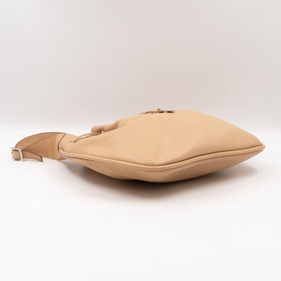 Vintage Drawstring Hobo Bag Beige Leather