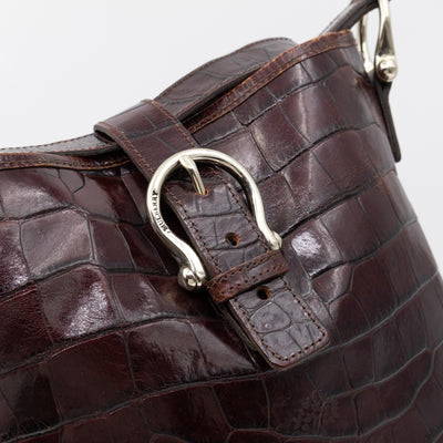 Bucket Crossbody Bag Burgundy Croc Embossed Leather