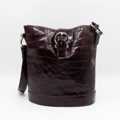 Bucket Crossbody Bag Burgundy Croc Embossed Leather