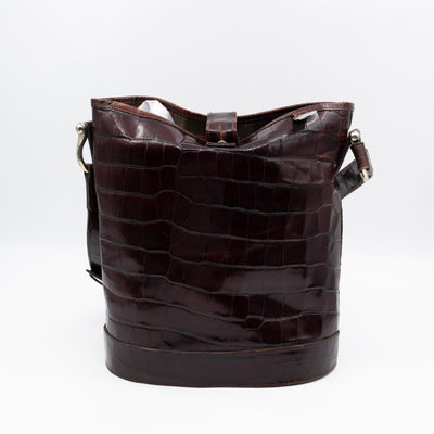 Bucket Crossbody Bag Burgundy Croc Embossed Leather