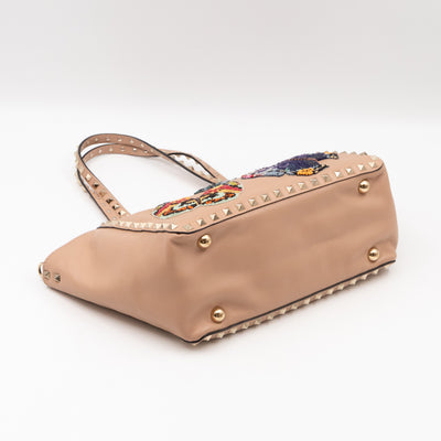Rockstud Trapeze Tote Camel Rose Butterfly Embroidered Beaded Leather