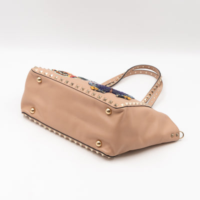 Rockstud Trapeze Tote Camel Rose Butterfly Embroidered Beaded Leather