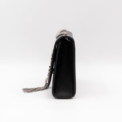 Kate Medium Tassel Black Grained Leather Silver