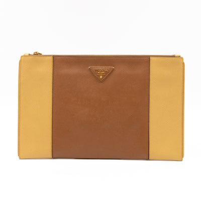 Zip Clutch Yellow and Brown Saffiano Leather