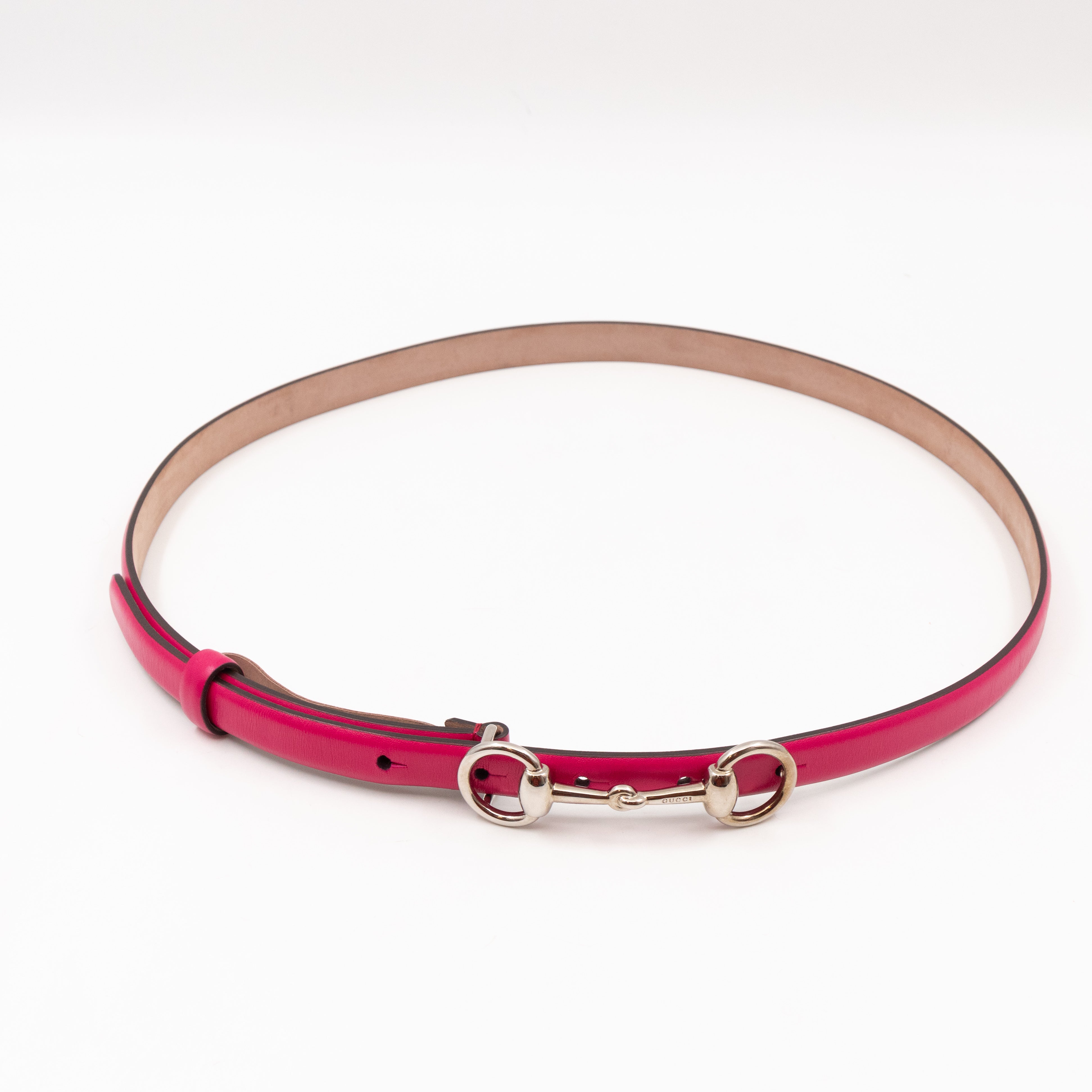 Horsebit Buckle Skinny Belt Rosy Pink Leather 85 cm