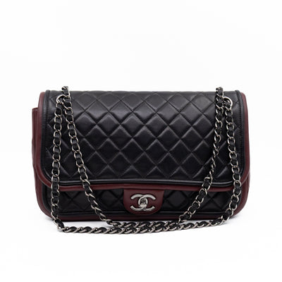 Twist Two Tone Large Flap Bag Black & Burgundy Leather