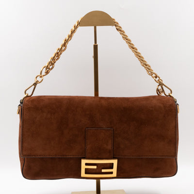 Baguette Large Shoulder Bag Brown Suede Leather