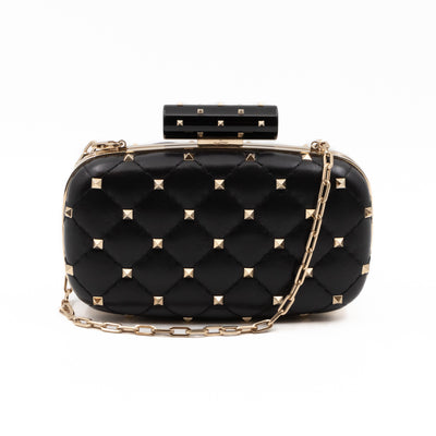Rockstud Spike Minaudiere Chain Clutch Black Leather