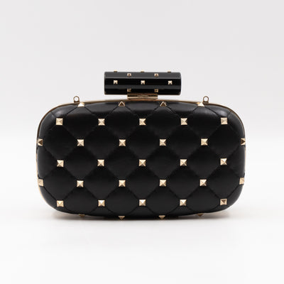 Rockstud Spike Minaudiere Chain Clutch Black Leather