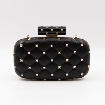 Rockstud Spike Minaudiere Chain Clutch Black Leather