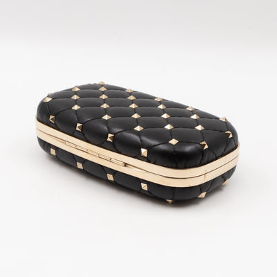 Rockstud Spike Minaudiere Chain Clutch Black Leather