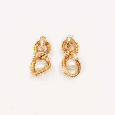 CC Logo & Pearl Dangle Clip Earrings Gold