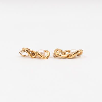 CC Logo & Pearl Dangle Clip Earrings Gold
