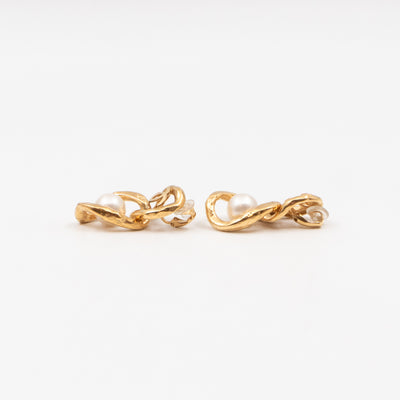 CC Logo & Pearl Dangle Clip Earrings Gold