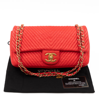Medallion Charm Flap Bag Medium Red Chevron Calfskin Leather