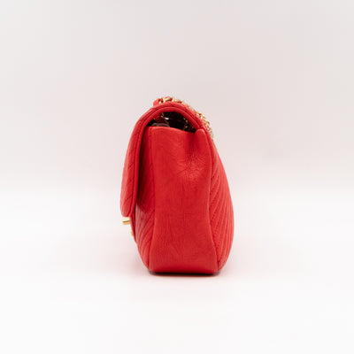 Medallion Charm Flap Bag Medium Red Chevron Calfskin Leather