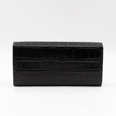 Flap Wallet Large Black Croc Embossed Leather