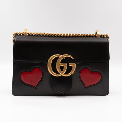 GG Marmont Medium Malaga Heart Chain Bag Black Leather