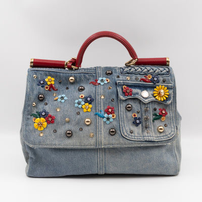 Sicily Large Crystal Embellished Blue Denim Red Lizard