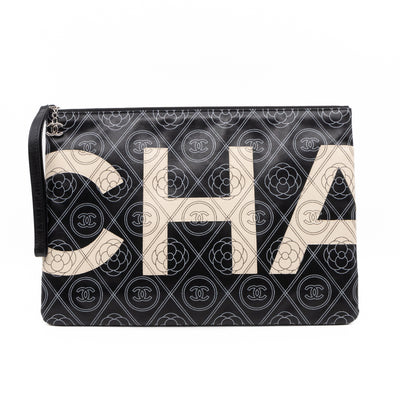 Large O-Pouch CC Camellia Black & White Coated Canvas