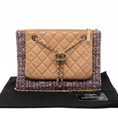 Matelasse Double Pouch With Strap Beige Leather & Tweed