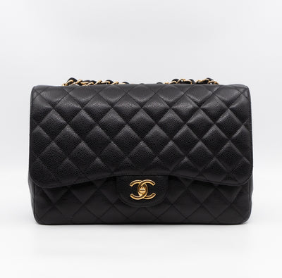 Classic Single Flap Jumbo Black Caviarskin Leather Gold