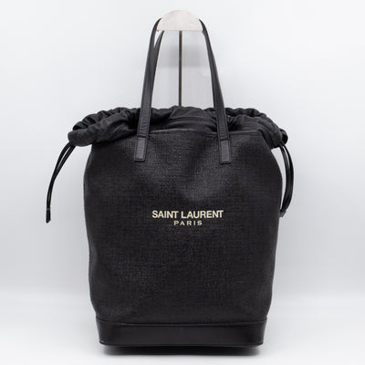 Teddy Drawstring Bucket Bag Black Raffia & Leather