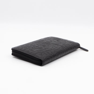 Camellia Embossed Zip Around Organizer Wallet Black Lambskin