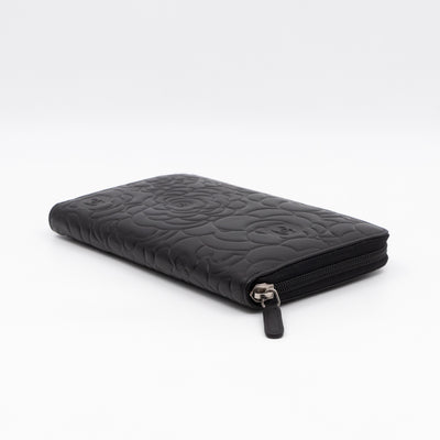 Camellia Embossed Zip Around Organizer Wallet Black Lambskin