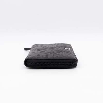 Camellia Embossed Zip Around Organizer Wallet Black Lambskin