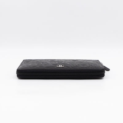 Camellia Embossed Zip Around Organizer Wallet Black Lambskin