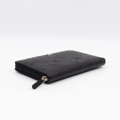 Camellia Embossed Zip Around Organizer Wallet Black Lambskin