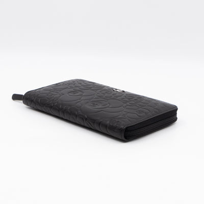 Camellia Embossed Zip Around Organizer Wallet Black Lambskin