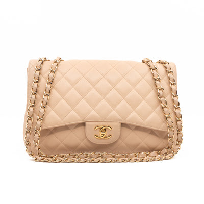 Classic Single Flap Jumbo Beige Caviarskin Leather Gold