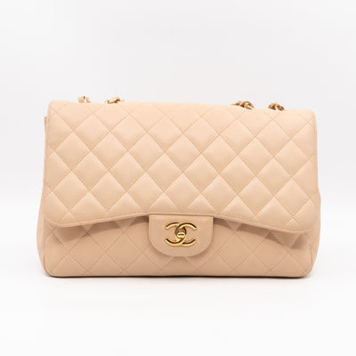 Classic Single Flap Jumbo Beige Caviarskin Leather Gold