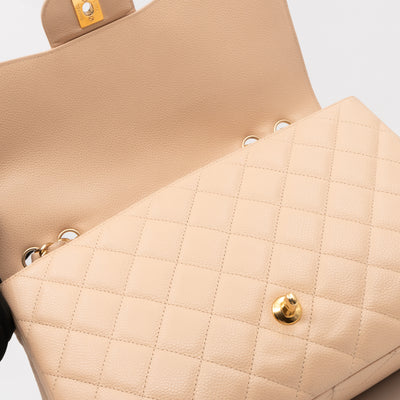 Classic Single Flap Jumbo Beige Caviarskin Leather Gold