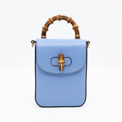 Mini Bamboo Top Handle 3-way Bag Light Blue Leather