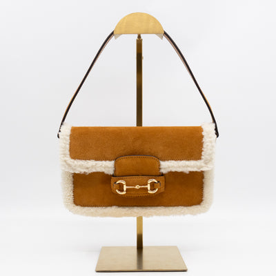 Horsebit 1955 Mini Shoulder Bag Camel Suede Leather Shearling