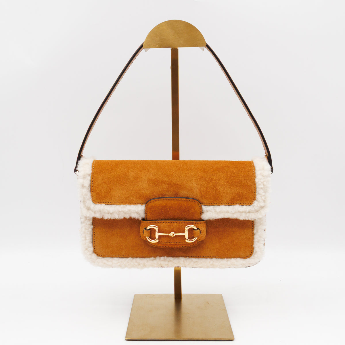 Horsebit 1955 Mini Shoulder Bag Camel Suede Leather Shearling