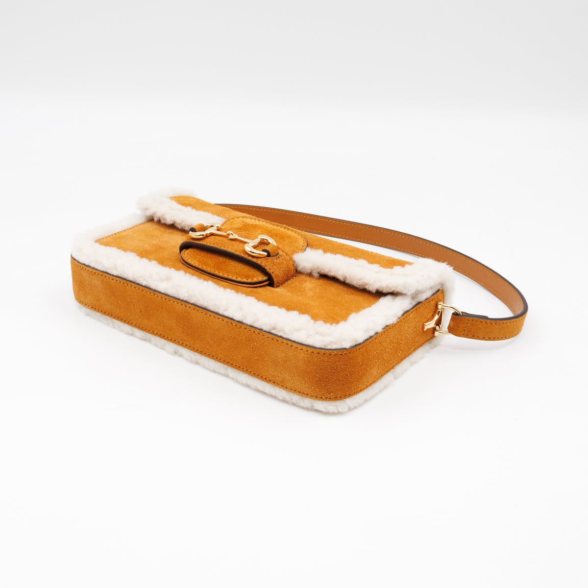Horsebit 1955 Mini Shoulder Bag Camel Suede Leather Shearling