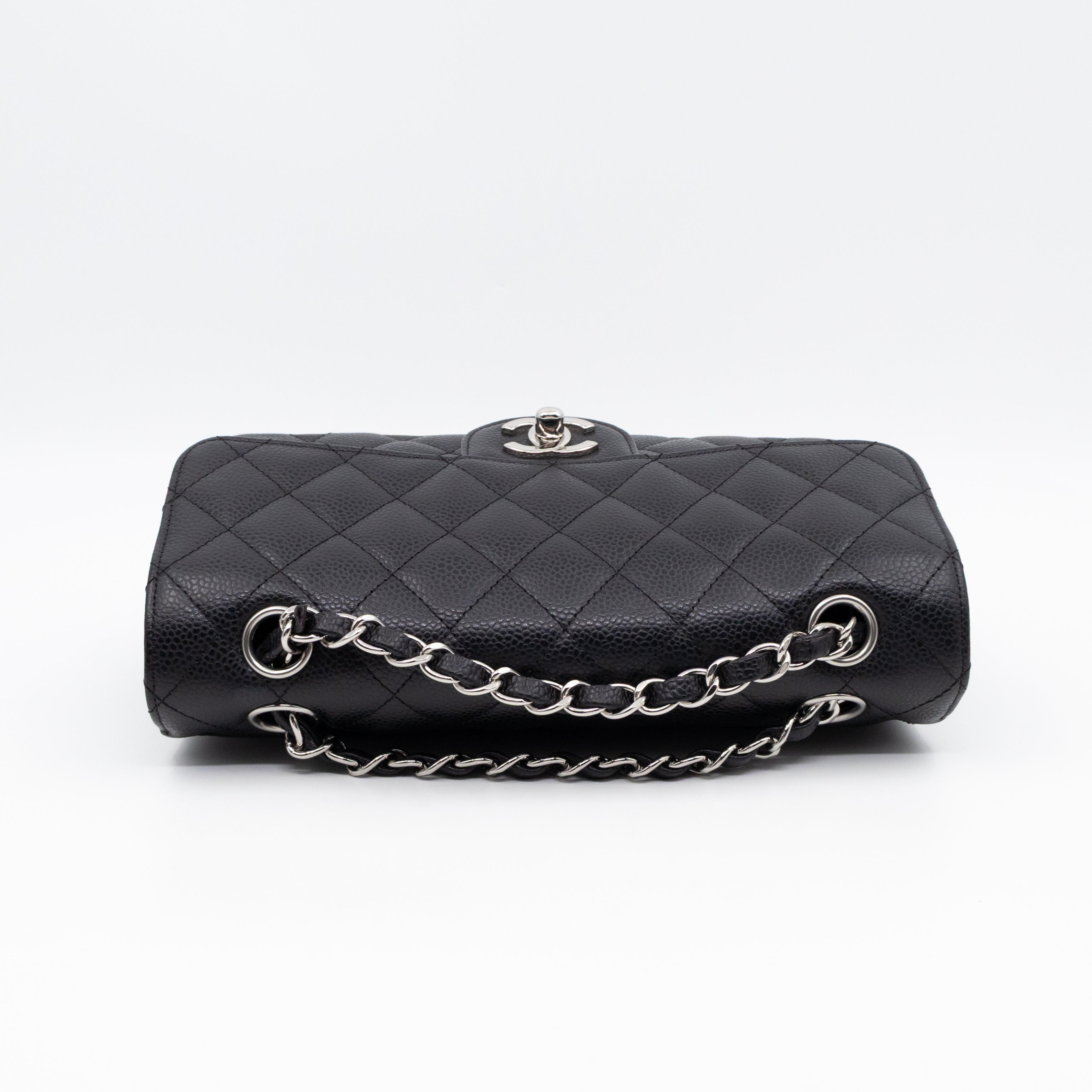 Classic Double Flap Small Black Caviarskin Silver