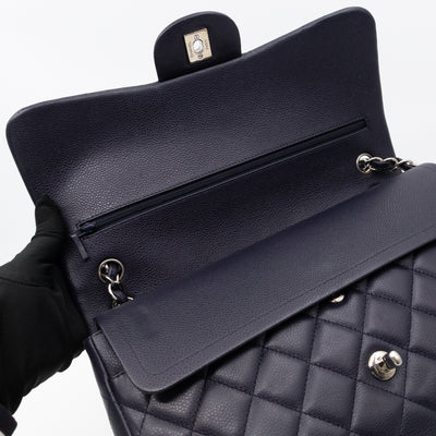 Classic Double Flap Jumbo Navy Soft Caviar Leather Silver