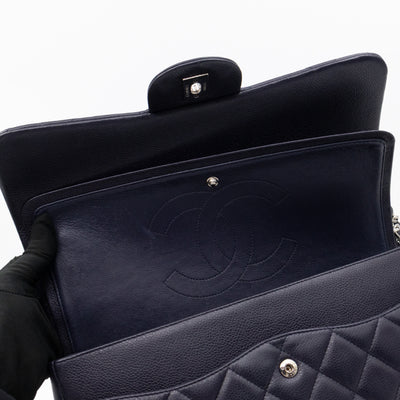 Classic Double Flap Jumbo Navy Soft Caviar Leather Silver