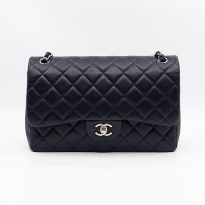 Classic Double Flap Jumbo Navy Soft Caviar Leather Silver