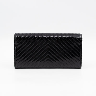 Gusset Long Flap Wallet Chevron Black Patent Leather