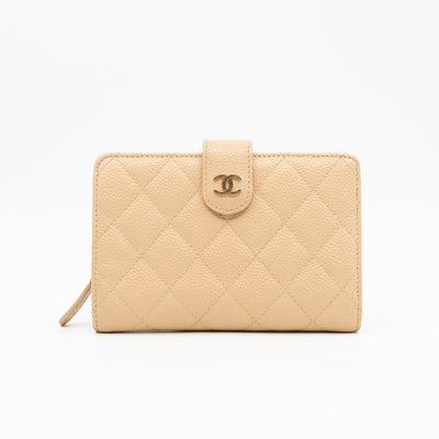 L-Zip French Wallet Beige Caviar Gold