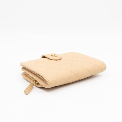 L-Zip French Wallet Beige Caviar Gold
