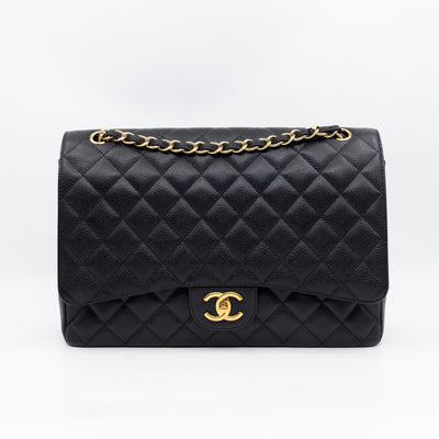 Classic Double Flap Maxi Black Caviar Leather Gold