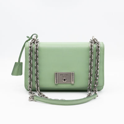 Chain Lock Flap Shoulder Bag Green Saffiano Leather